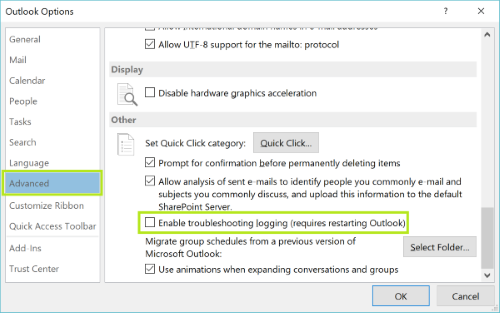 enable troubleshooting logging for Microsoft Exchange