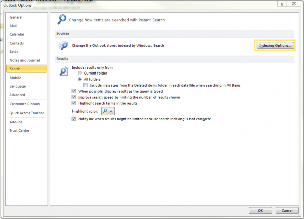 Outlook Options screenshot