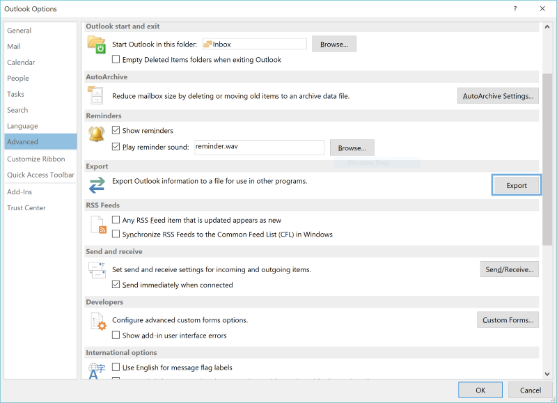 Outlook 2013 export options screenshot