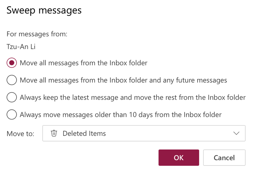 Picture shows different options the sweep tool provides in Outlook