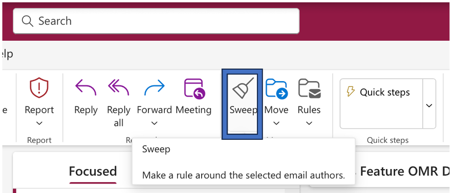 Picture shows highlighted sweep tool sign in Outlook toolbar