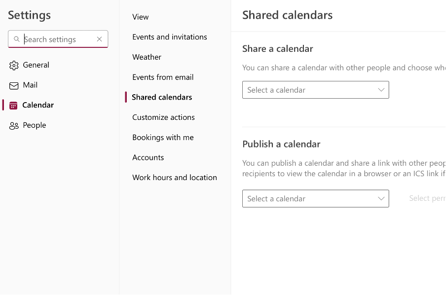 Outlook calendar settings pop-up window
